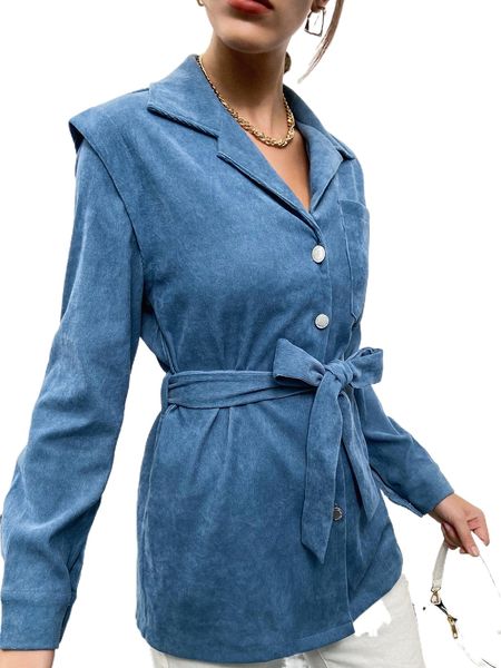 

solid button through belted corduroy coat p3eg#, Black