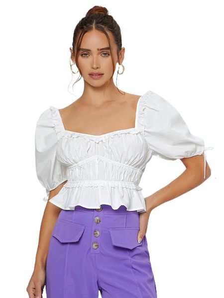 

puff sleeve eyelet embroidery trim sweetheart neck blouse o88g#, White