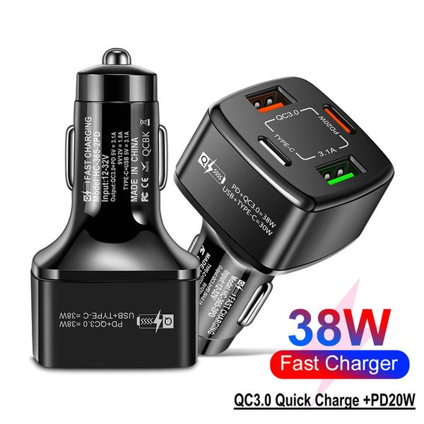 Caricabatterie per auto Ricarica rapida Type-C QC 3.0 PD 20W USB 4 porte Caricabatterie rapido per telefono automatico 38W