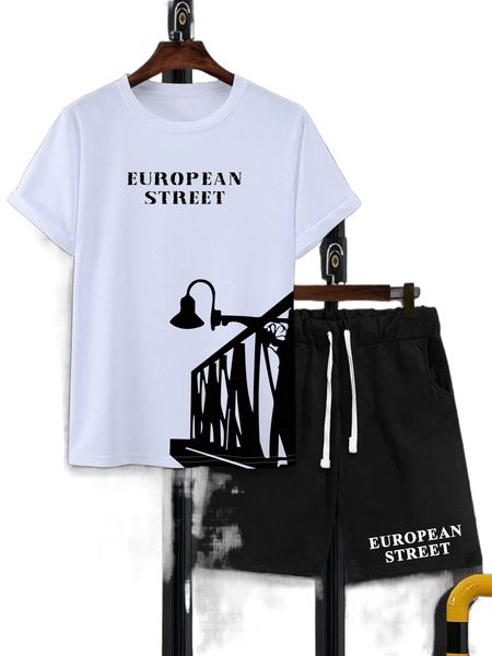 

men letter graphic tee & drawstring waist shorts v2pn#, Gray