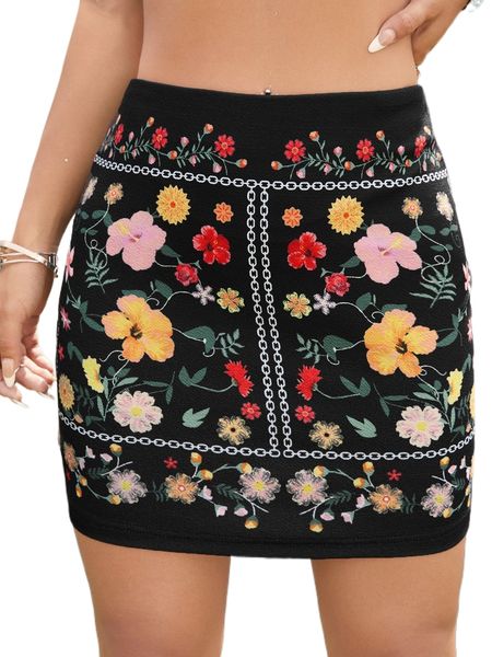 

floral and chain print skirt 41xd#, Black