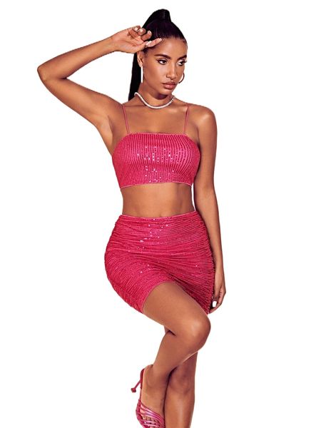 

bae sequin detail crop cami & ruched bodycon skirt o0ki#, White