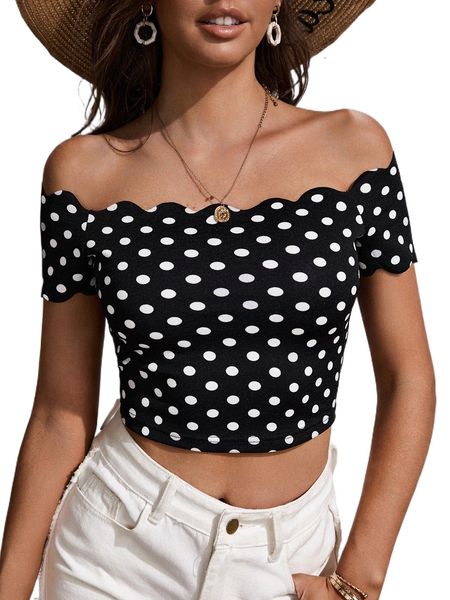 

polka dot print off shoulder scallop trim crop tee l2u3#, White
