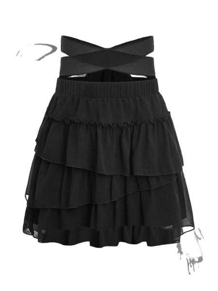 

crisscross tie back layered hem skirt j3kd#, Black