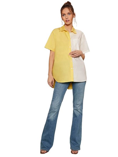 

color block curved hem blouse x9pl#, White