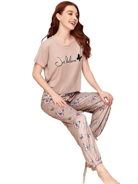 

butterfly and letter graphic pajama set y6a2#, Black;red