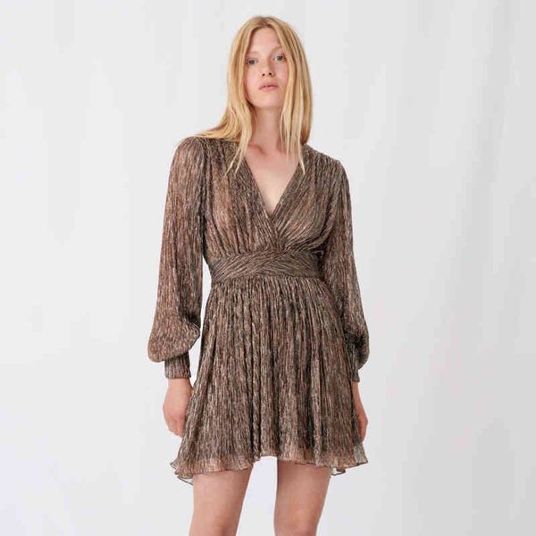 

french elegant maje women's v-neck bubble sleeve lurex dress, Black;gray