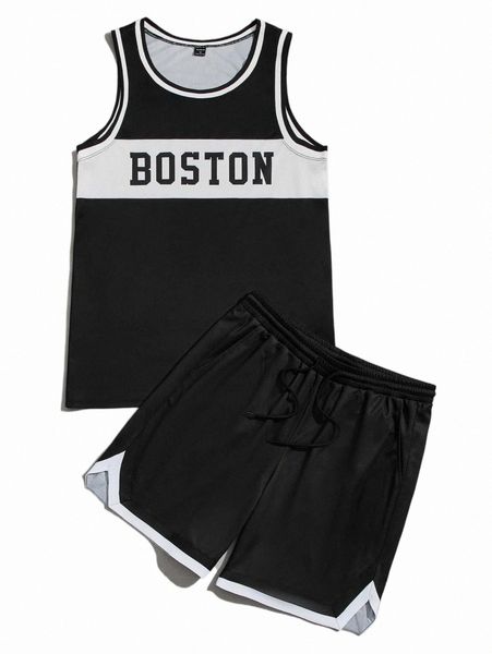 

men letter graphic tank & drawstring waist shorts j13x#, Gray