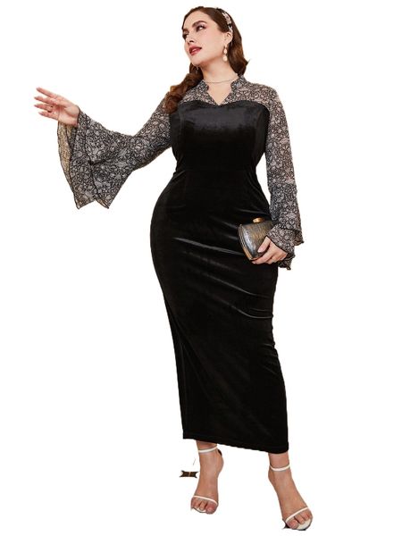 

plus floral print flounce sleeve split back velvet bodycon dress j88v#, Black
