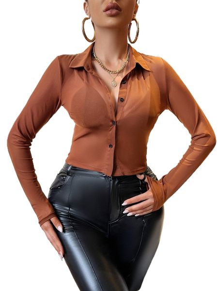 

sxy button front crop mesh u2q1#, White