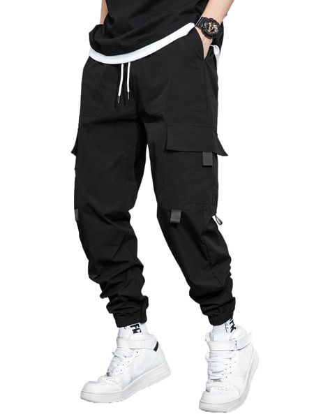 

men drawstring waist cargo pants s3ro#, Black