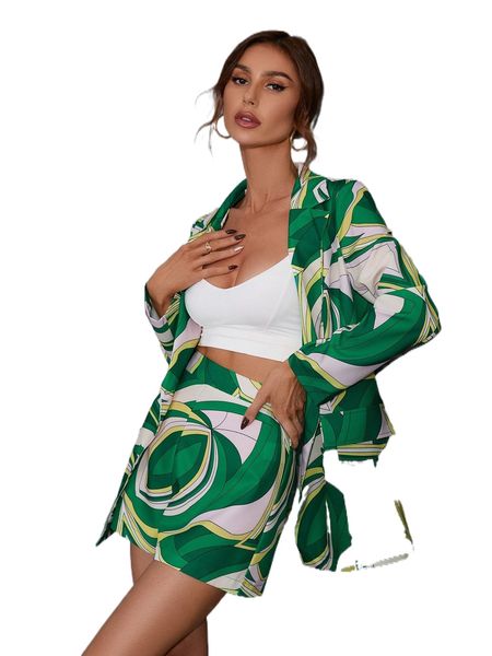 

allover print double breasted blazer & shorts a1dv#, White