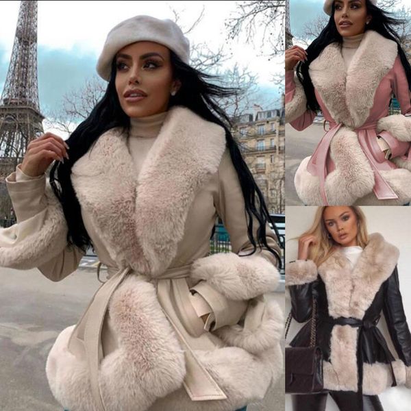 

pu leather long women fashion tie belt waist coats women elegant side pockets faux fur jackets female ladies, Black