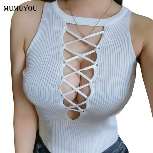 

women knitted tank sleeveless hollow out vest club wear summer streetwear slim bandage clothing fashion new 200096 y200422, White