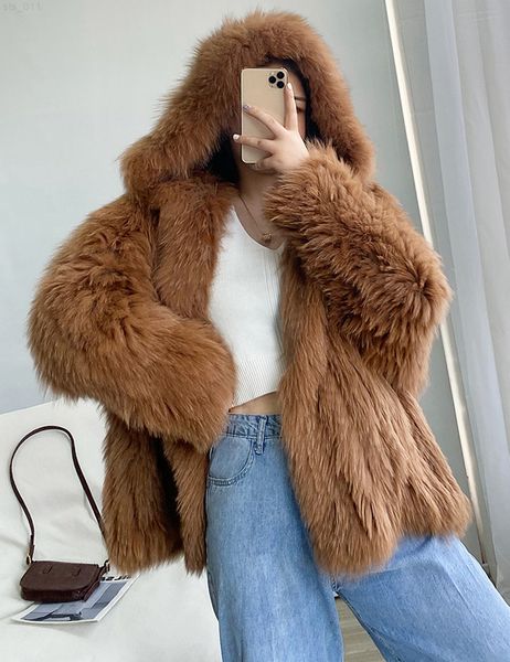 Alta qualidade Luxo Faux Fur Casacs Mulheres Jaqueta de pele com capuz solta Moda de casaco quente Girl Girl Winter Fluffy Furry Fur Jacket T220716