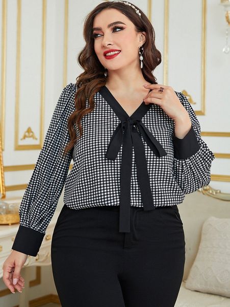 

plus gingham print knot front blouse a5j6#, Black