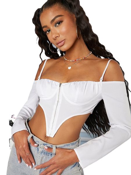

zip front asymmetrical hem cold shoulder blouse w15l#, White