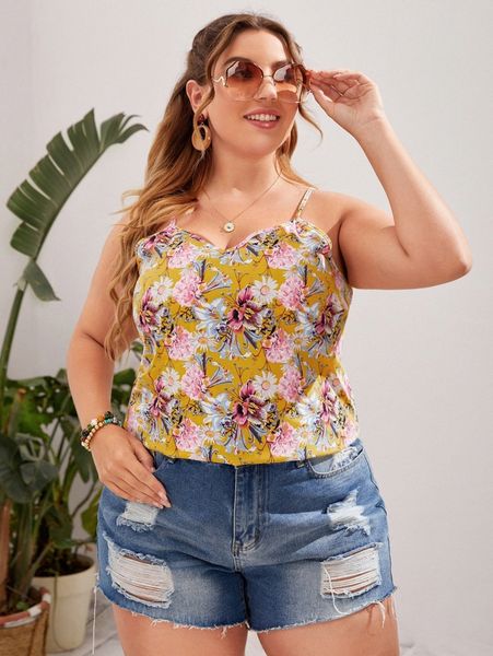 

plus floral print cami u4ck#, Black