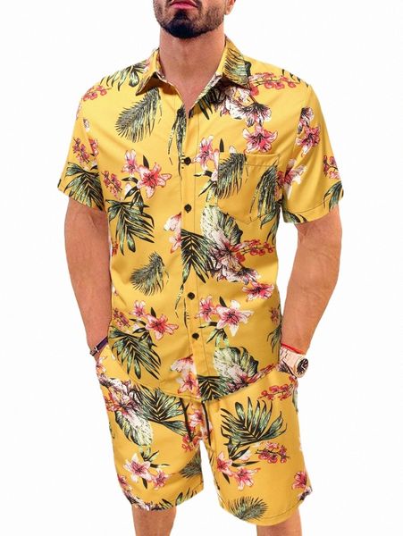 

men tropical & floral print shirt & shorts without tee l4q5#, Gray