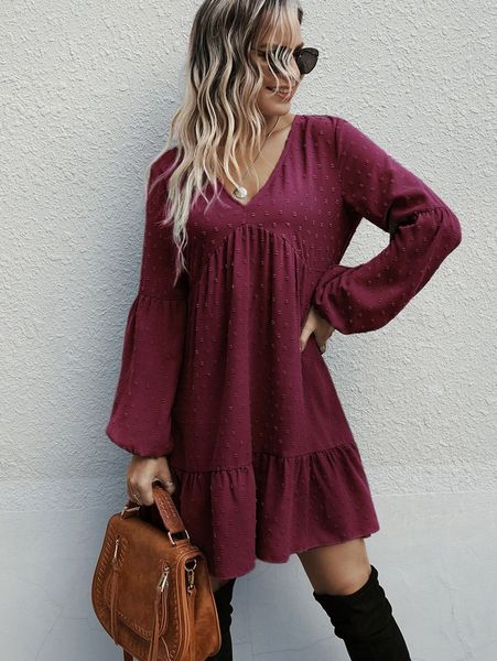 

bishop sleeve ruffle hem smock dress d7k7#, Black;gray