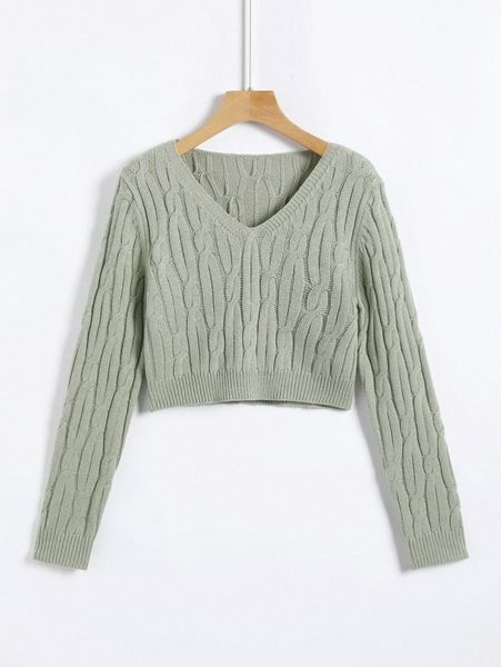 

cable knit v neck crop sweater m7aq#, White;black