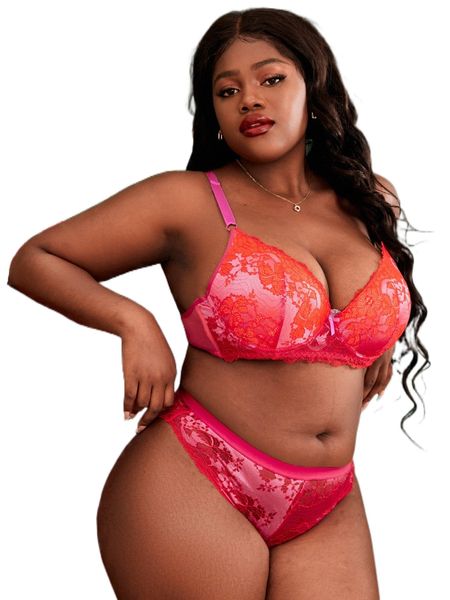 

plus floral lace bow front underwire lingerie set w5hn#, Black;white