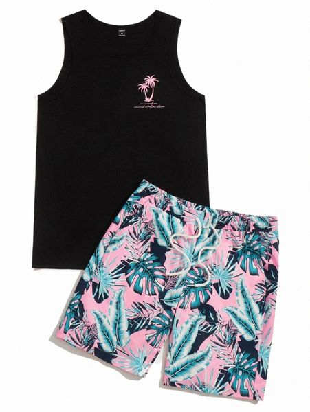 

men tropical & letter graphic tank & track shorts s5b8#, Gray