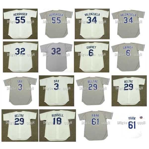 Na85 Maglie vintage LA 55 OREL HERSHISER 34 Fernando Valenzuela 32 Sandy Koufax 6 STEVE GARVEY 23 KIRK GIBSON 16 HIDEO NOMO Baseball bianco grigio