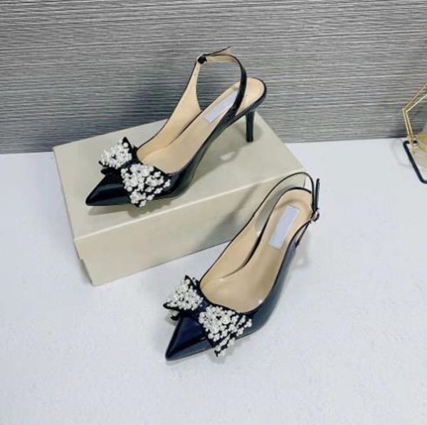 

women's sandals summer new pointed pearl bow stiletto heel high heel, Black