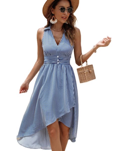 

vertical stripe button front high low dress 44vu#, Black;gray