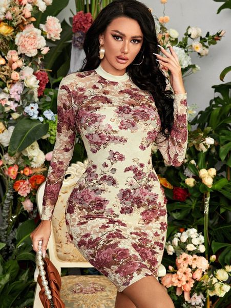 

sxy floral mock neck lace bodycon dress with tube bodysuit f6br#, Black;gray