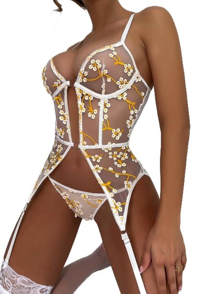 

3pack floral embroidery mesh lingerie set & 1pair stockings z11n#, Black;red