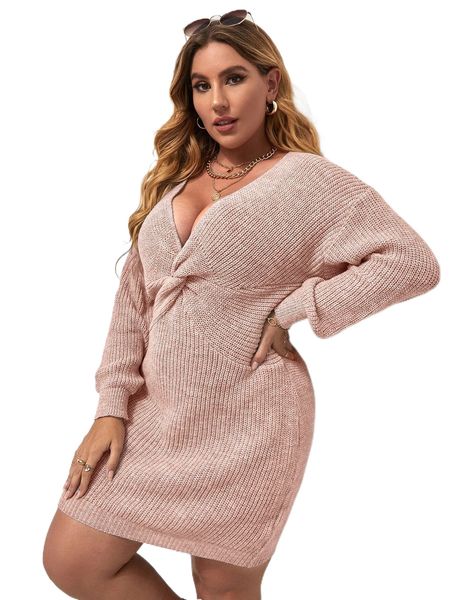 

plus plunging neck twist front drop shoulder sweater dress d8ao#, Black