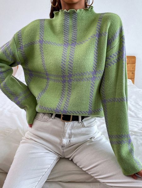 

plaid pattern drop shoulder sweater m1rs#, White;black