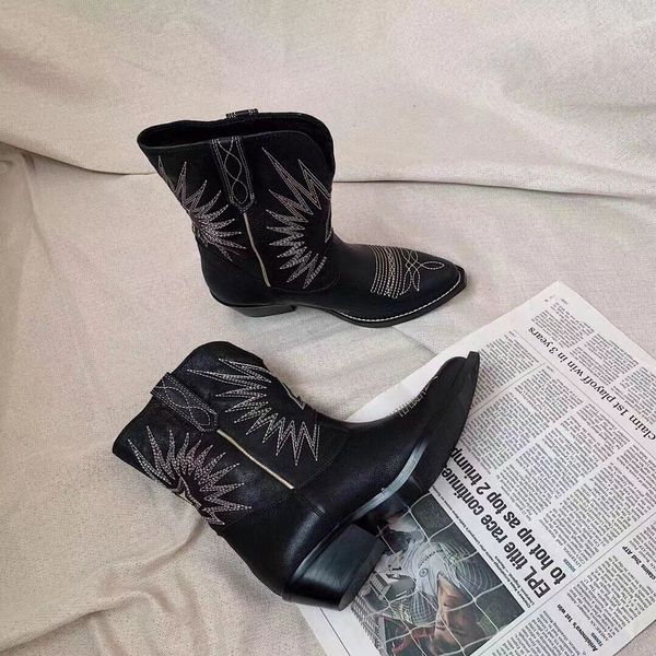 

classic embroidered western cowboy women's boots leather retro pointed print punk low heel knight style boots, Black