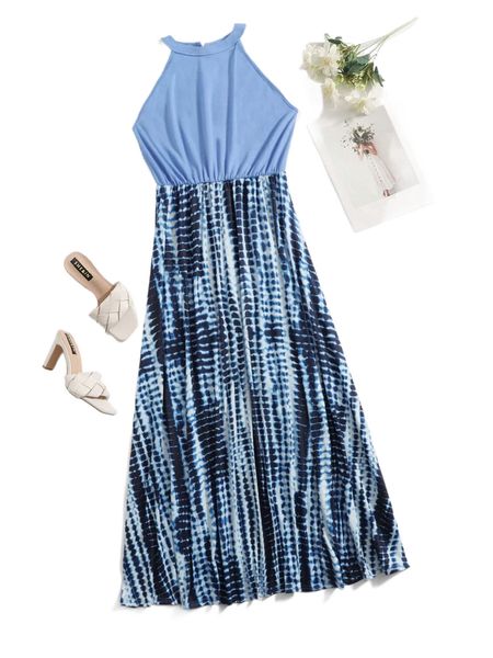 

tie dye halter dress 24qj#, Black;gray