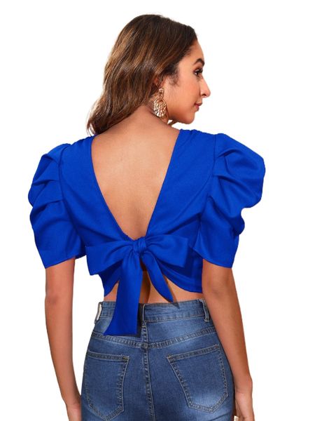 

puff sleeve tie back blouse w1cm#, White