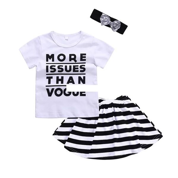 

hildren girls outfits ins letter print stripe short skirts with bow headband 3pcs/set 2018 summer suit boutique kids clothing, White