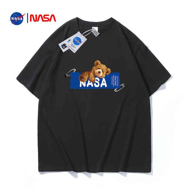 

nasa co branded short sleeve t-shirt men's off shoulder cotton bear print half female couple t-shirt, White;black