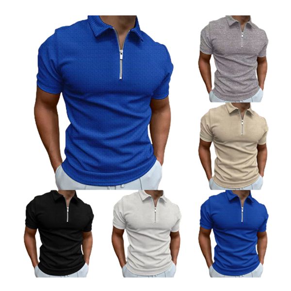 

2022 summer waffle solid color golf polos t-shirt for men slim fit zipper lapel short sleeve casual fitting polos tshirts pls-80, White;black