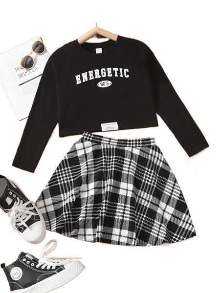

girls letter graphic tee & plaid skirt set v3uf#, Black;white