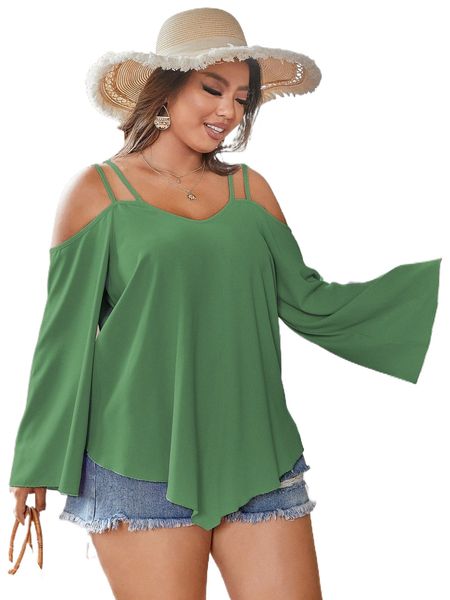 

plus solid cold shoulder blouse 12rt#, Black