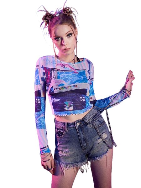 

romwe cyber luvr graphic lettuce trim a2k0#, White