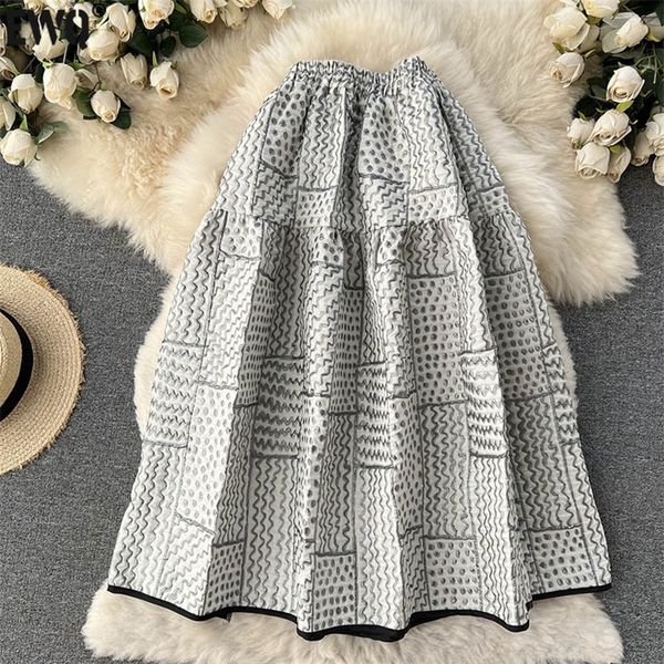 

[ewq] fashion spring striped jacquard design women high waist fold mid-calf a-line bubble skirt female 16r1486 220408, Black