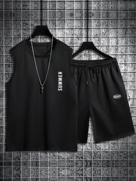 

men letter graphic tank & drawstring waist patched shorts 62jd#, Gray