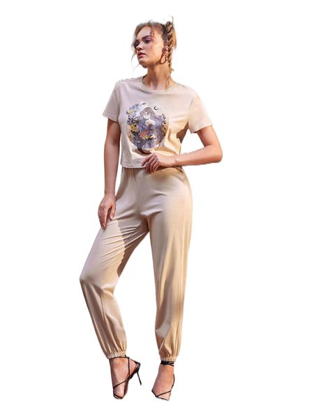 

x loputyn cartoon figure and floral print tee & pants c7na#, White