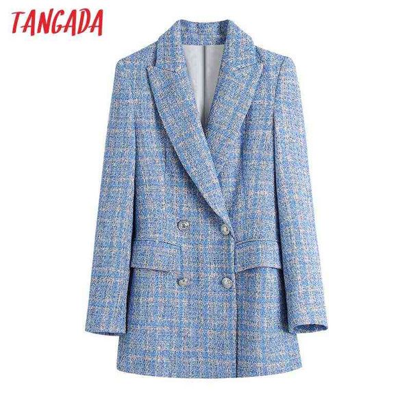 

suit tangada 2021 women double breasted tweed blue blazers jacket office lady l, White;black