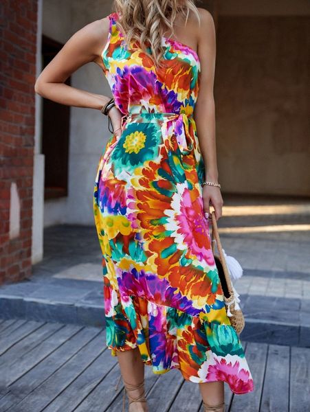 

allover floral print one shoulder ruffle hem belted dress n1h6#, Black;gray