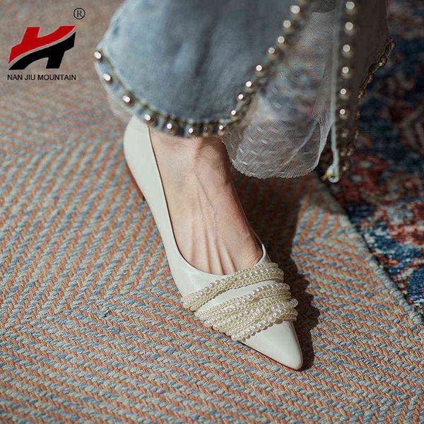

2022 enkele schoenen vrouwen kralen parel platte puntige teen vrouw retro effen kleur lente herfst, Black