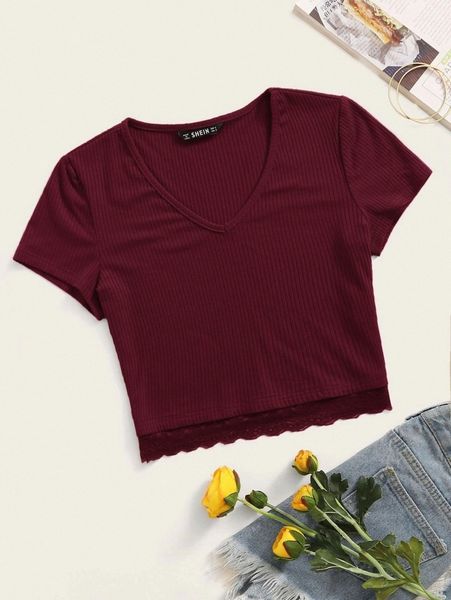 

lace hem rib-knit p0sj#, White